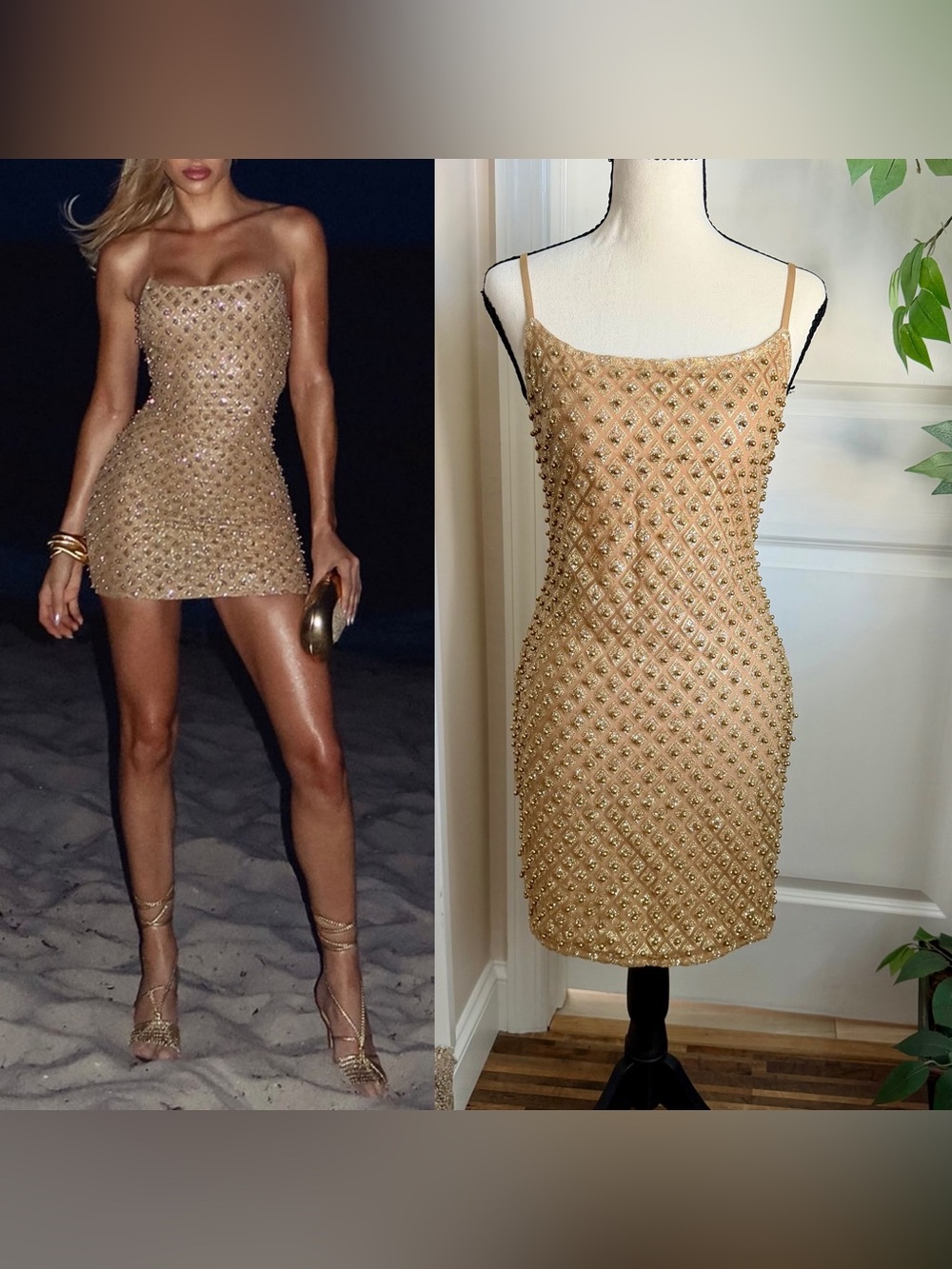 Fashion Nova Beaded Sequin Embellished Bodycon Mini Dress Gold Sz L